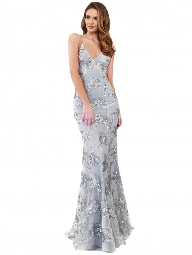 Argento Stile sirena Alto Collo Crespo Elastico Paillettes Tulle Lunga Formali Abiti da damigella donore / Abiti da sera / Abiti da ballo Convenienti