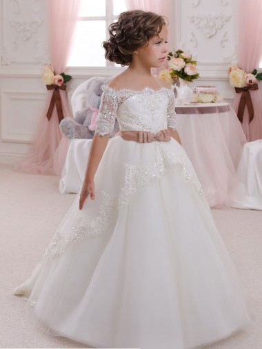 Avorio Abito da ballo Alto Collo Tulle Pizzo Lunga Abiti da ragazza di fiori Convenienti