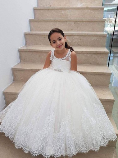 Avorio Abito da ballo Alto Collo Tulle Pizzo Lunga Abiti da ragazza di fiori Convenienti
