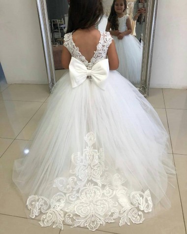 Avorio Abito da ballo Barca Tulle Pizzo Lunga Abiti da ragazza di fiori Convenienti