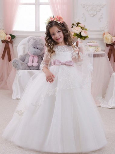 Avorio Abito da ballo Barca Tulle Pizzo Lunga Abiti da ragazza di fiori Convenienti