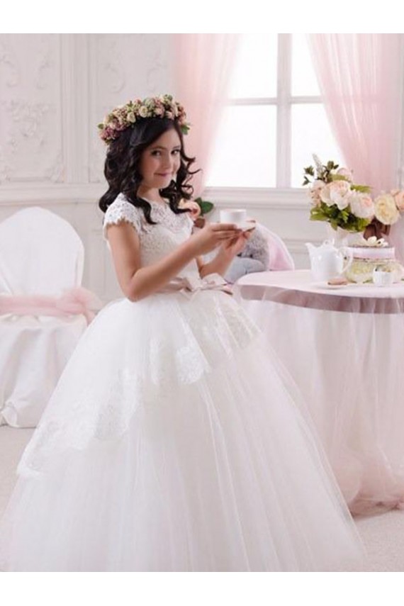 Avorio Abito da ballo Innamorato Tulle Pizzo Lunga Abiti da ragazza di fiori Convenienti