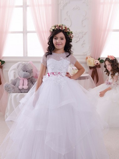 Avorio Abito da ballo Innamorato Tulle Pizzo Lunga Abiti da ragazza di fiori Convenienti