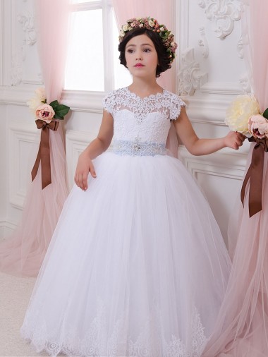 Avorio Abito da ballo Innamorato Tulle Pizzo Lunga Abiti da ragazza di fiori Convenienti