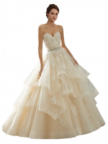 Avorio & Champagne Abito da ballo Innamorato Tulle Pizzo Abiti da sposa Convenienti