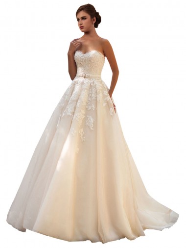 Avorio & Champagne Abito da ballo Innamorato Tulle Pizzo Abiti da sposa Convenienti