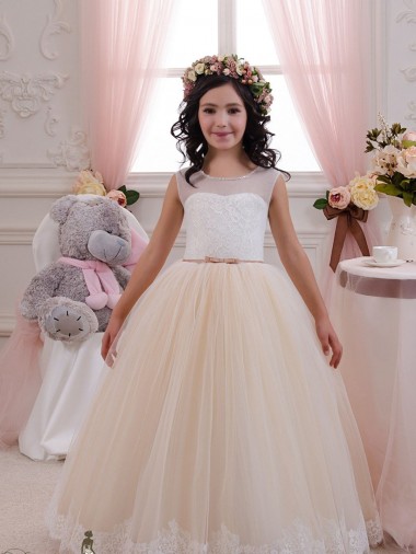 Avorio & Champagne Abito da ballo Innamorato Tulle Pizzo Lunga Abiti da ragazza di fiori Convenienti