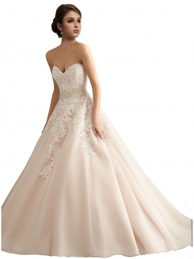 Avorio & Champagne Abito da ballo Scollatura a V Cattedrale di treno Tulle Pizzo Abiti da sposa Convenienti