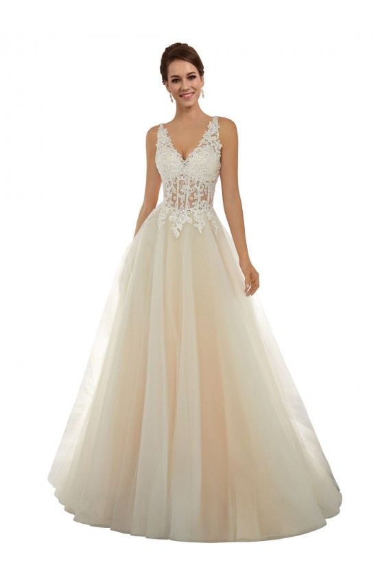 Avorio & Champagne Linea A Scollatura a V Tulle Pizzo Classico Abiti da sposa Convenienti