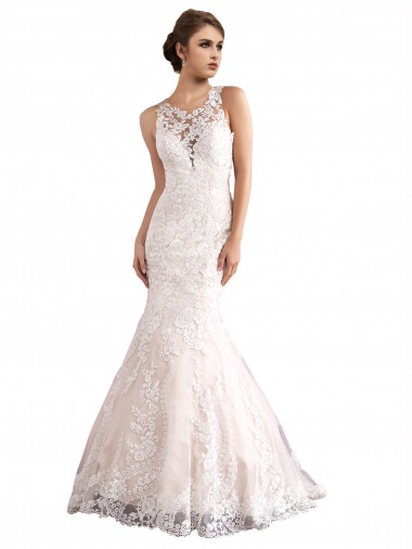 Avorio & Champagne Stile sirena Illusione Cattedrale di treno Tulle Pizzo Abiti da sposa Convenienti