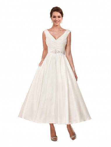 Avorio Linea A Scollatura a V Raso Abiti da sposa Convenienti