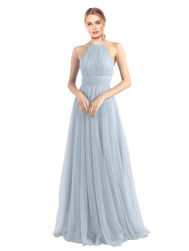 Azzurro cielo Linea A Capestro Tulle Lunga Abiti da damigella donore Convenienti