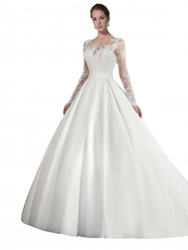 Bianco Linea A Illusione Cattedrale di treno Raso Pizzo Abiti da sposa Convenienti