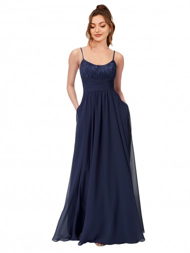 Blu marino scuro Linea A Scoop Chiffona Pizzo Lunga Abiti da damigella donore Convenienti