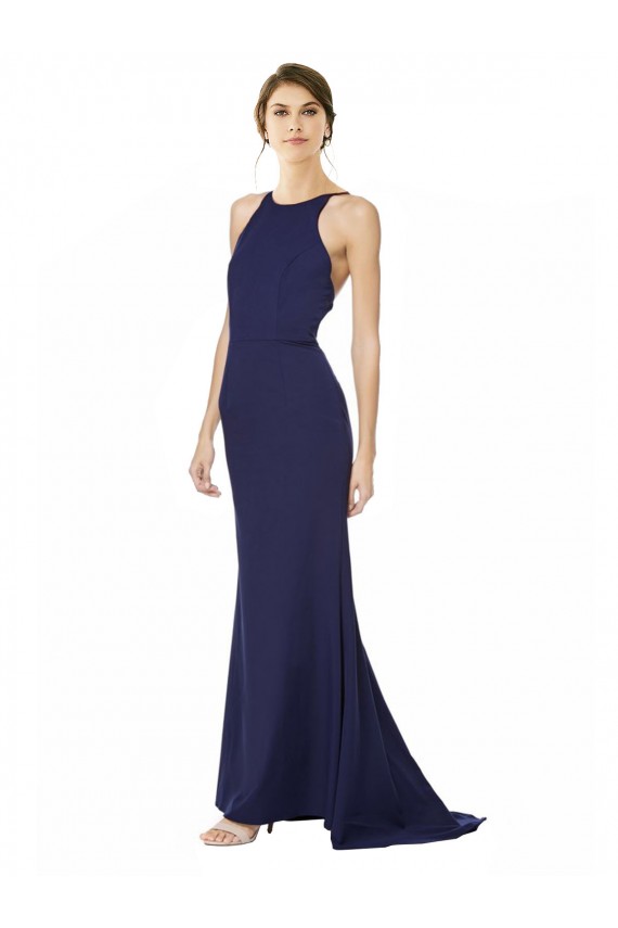 Blu navy Stile sirena Capestro Alto Collo Crespo Elastico Lunga Formali Abiti da damigella donore / Abiti da sera / Abiti da ballo Convenienti