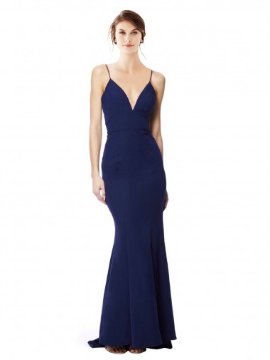 Blu navy Stile sirena Sottili Alto Collo Crespo Elastico Lunga Formali Abiti da damigella donore / Abiti da sera / Abiti da ballo Convenienti