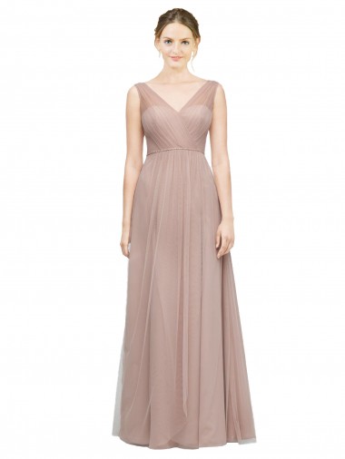 Blush Linea A Scollatura a V Tulle Lunga Abiti da damigella donore Convenienti