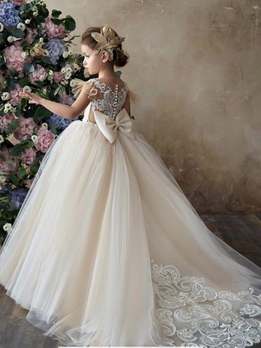 Champagne Abito da ballo Innamorato Tulle Pizzo Lunga Abiti da ragazza di fiori Convenienti