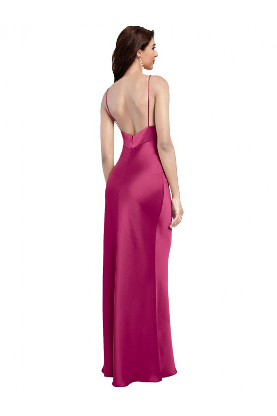 Fucsia Linea A Sottili Scollatura a V Raso Elastico Lunga Formali Abiti da damigella donore / Abiti da sera / Abiti da ballo Convenienti